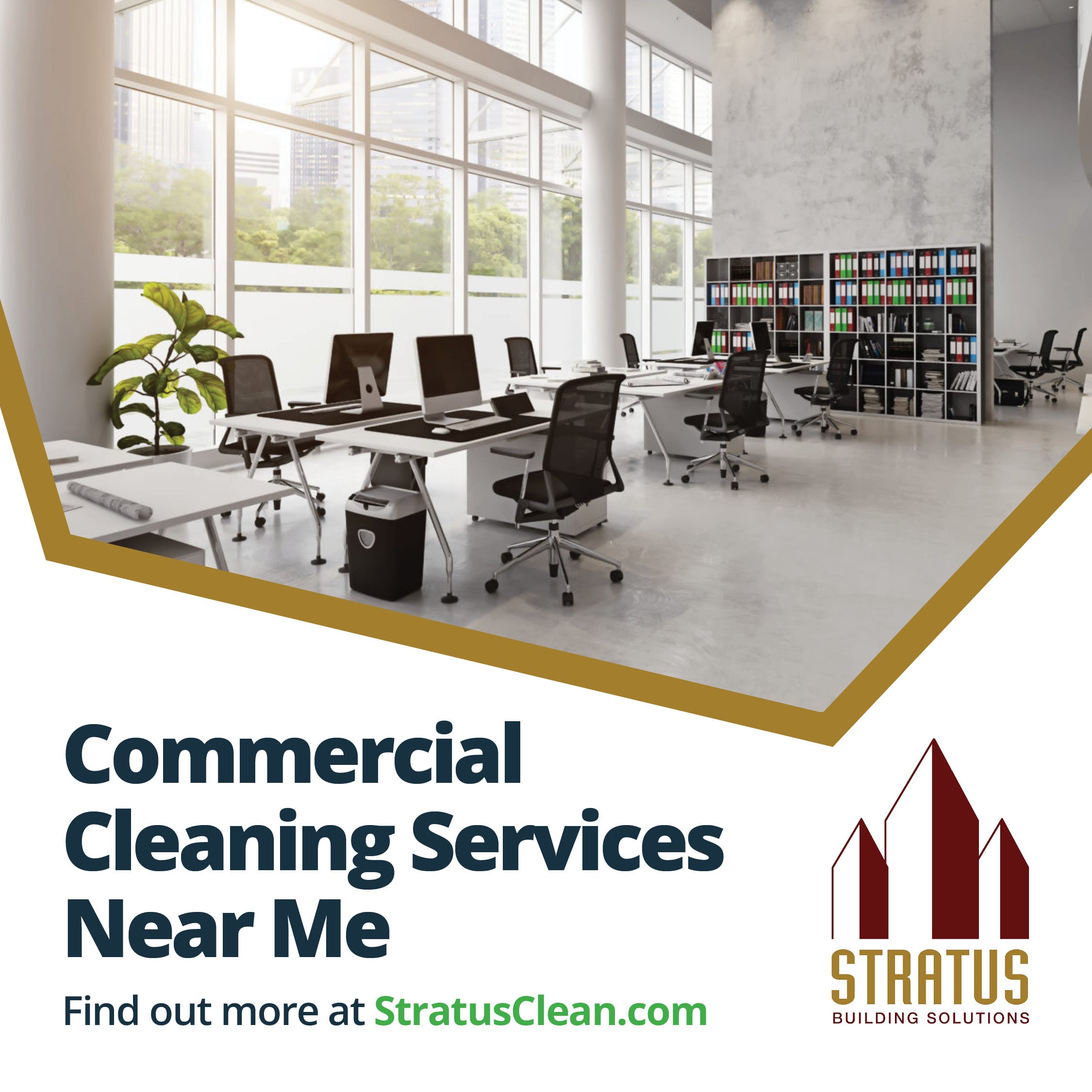 Large Office Building with Open Floor Plan and Clean Windows Looking Outside with the Text "Commercial Cleaning Services Near Me"