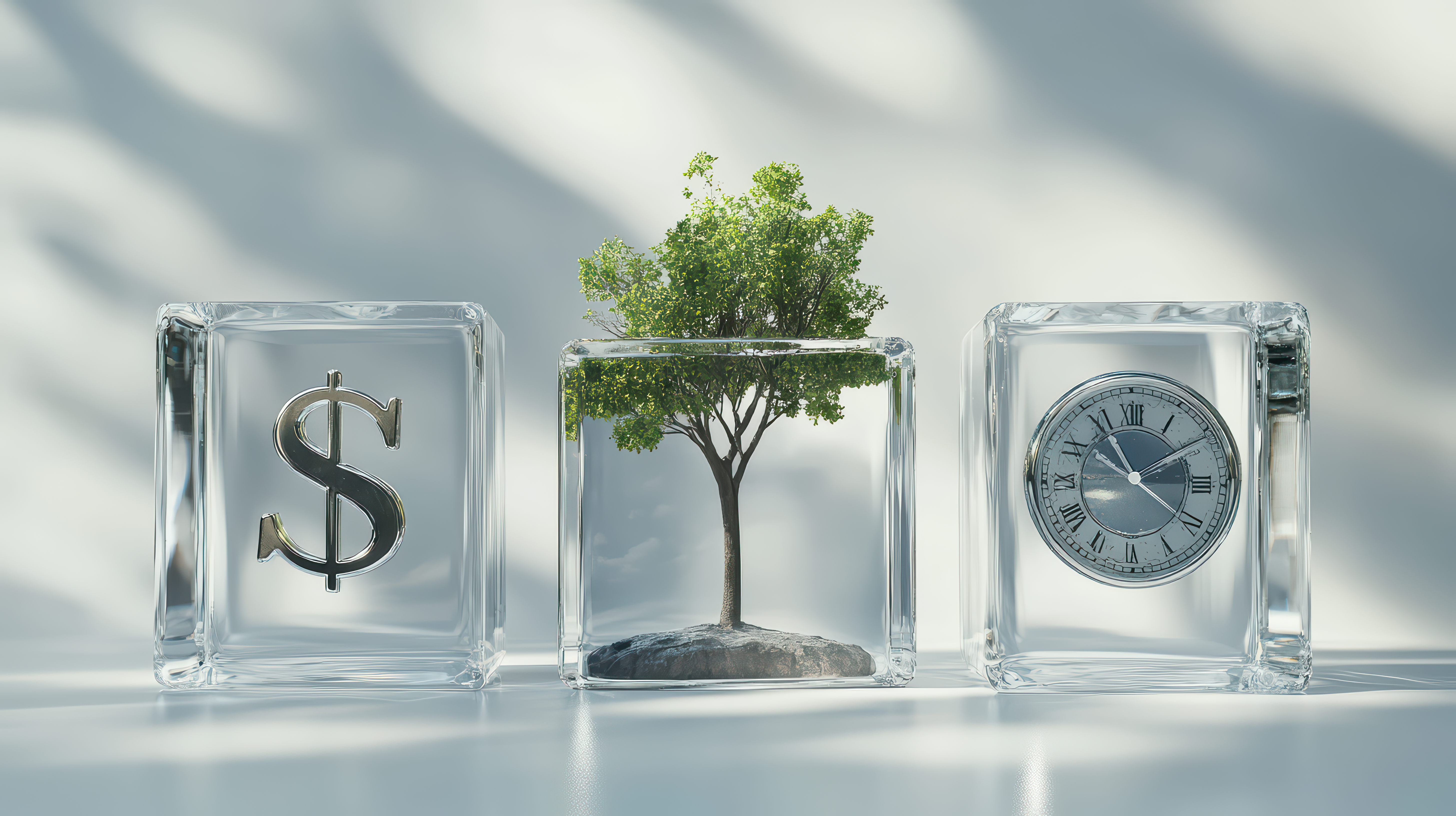 Three crystal boxes, one contains a money sign, another a tree and the last one a time clock, they all represent what janitorial services will do for your office, save money, make it green and clean and save you valuable time