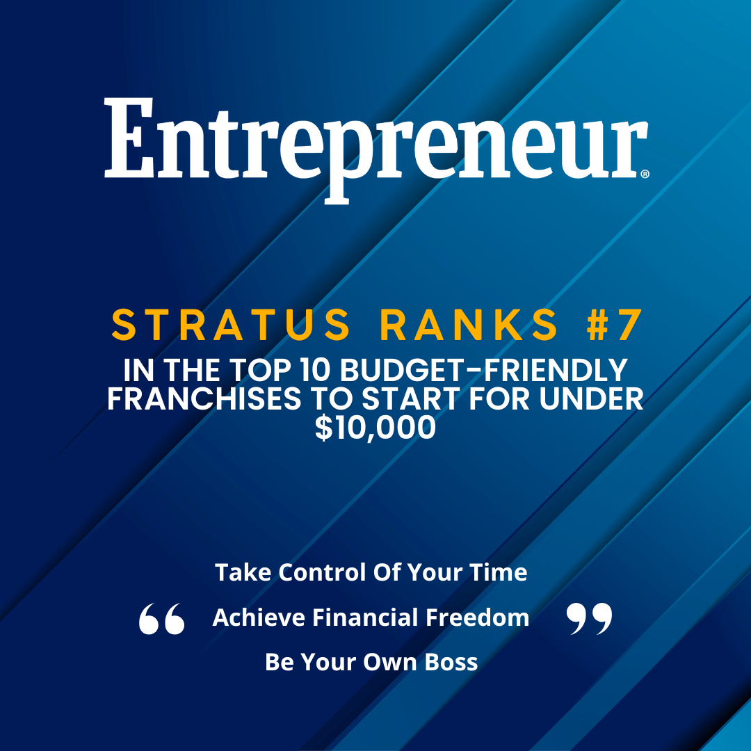 An image with a blue textured background and Entrepreneur Magazine Logo, the text says: "Stratus Ranks #7 in the Top 10 Budget-Friendly Franchises to Start for Under $10,000" 