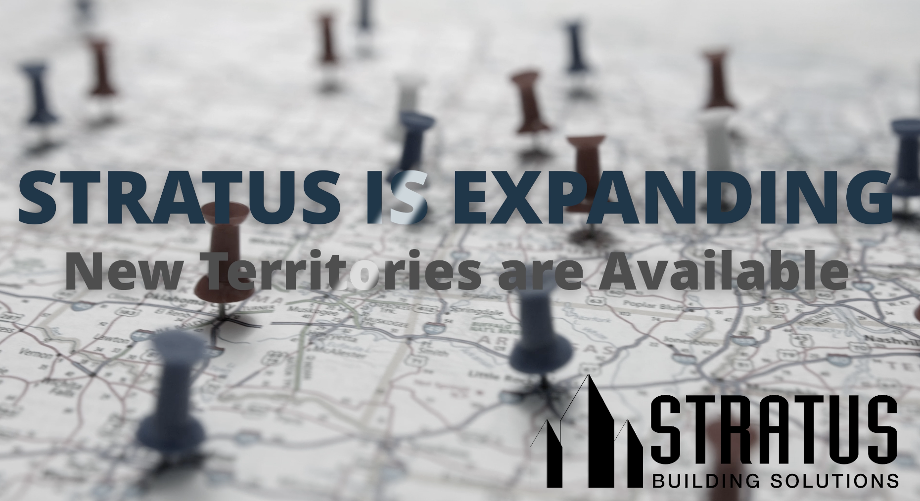 Map with Stratus Franchising Opportunities as Push Pins and the Stratus Logo in the Bottom Corner
